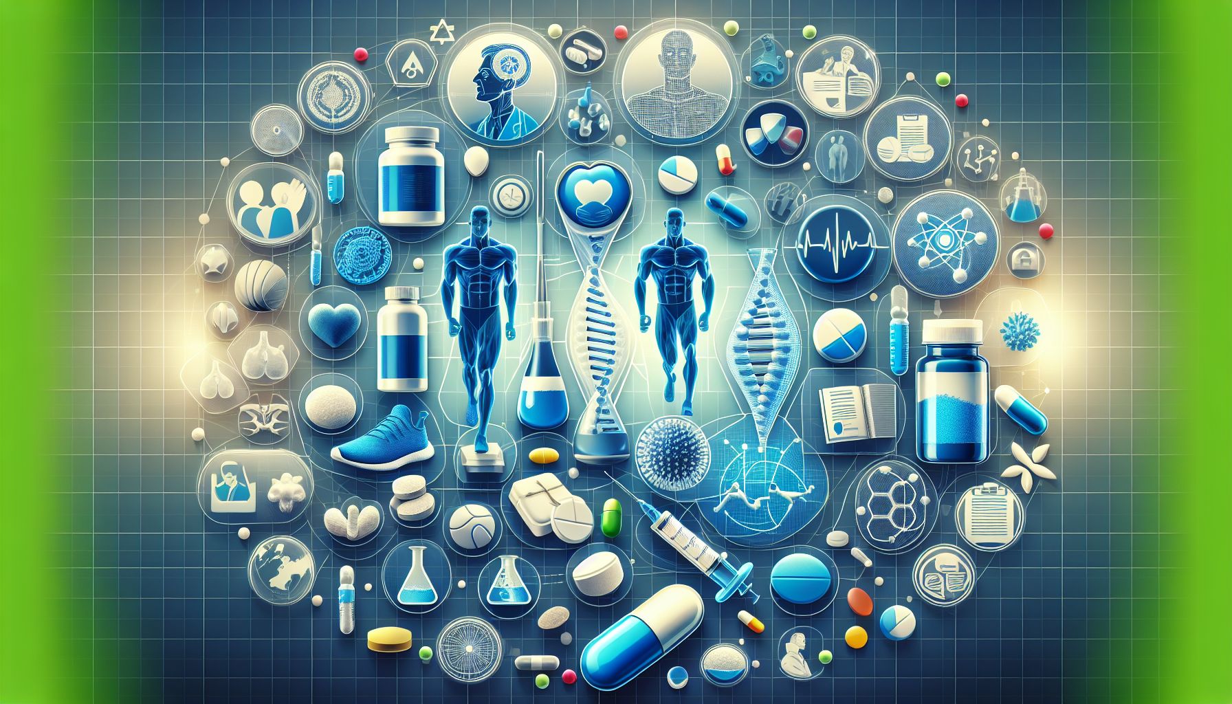 Imagen de medicamentos y suplementos utilizados como performance enhancement drugs con fondo médico